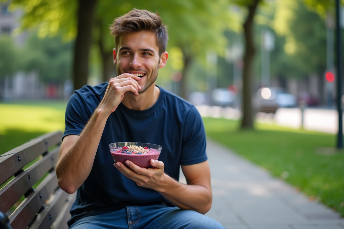 Jeune homme dégustant un smoothie dans un parc urbain