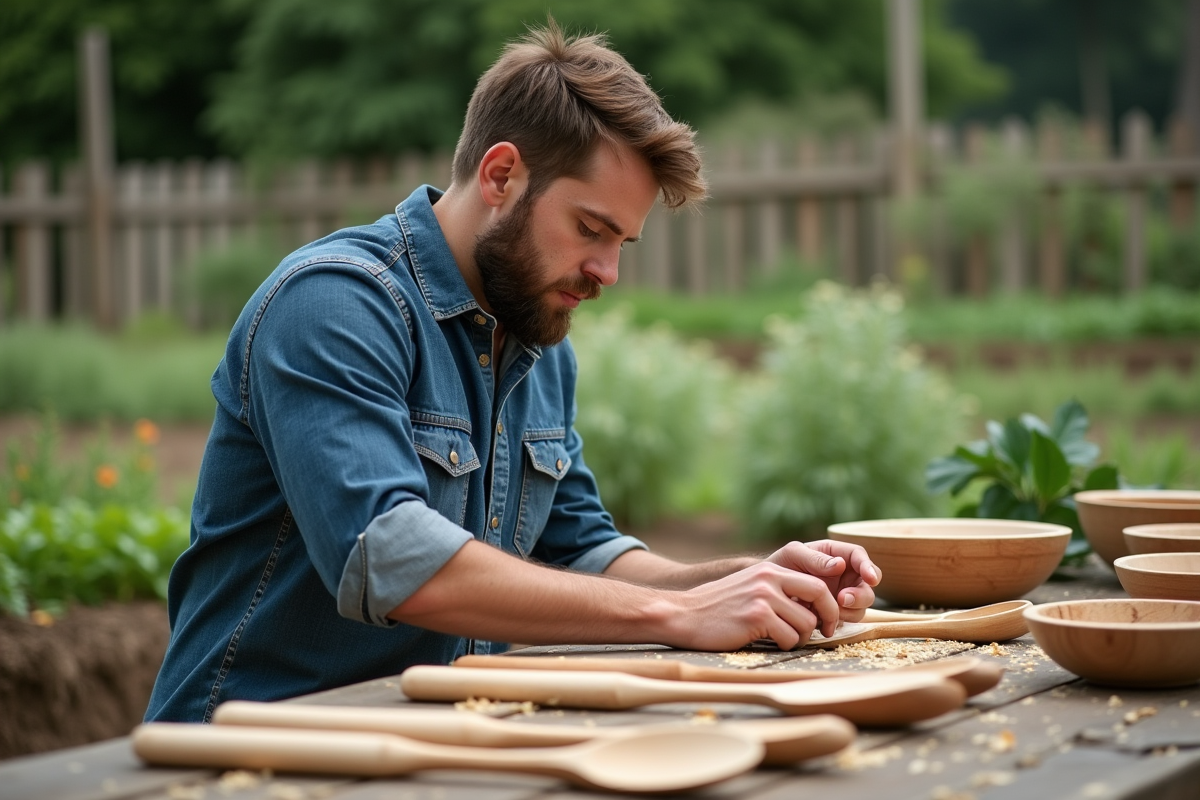Jeune homme inspectant des ustensiles en bois dans le jardin
