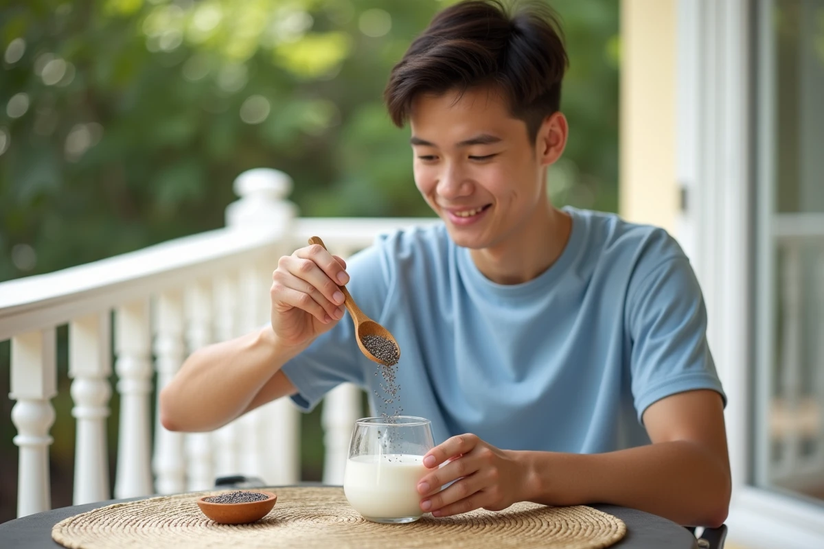 Jeune homme verse des graines de chia dans du lait d