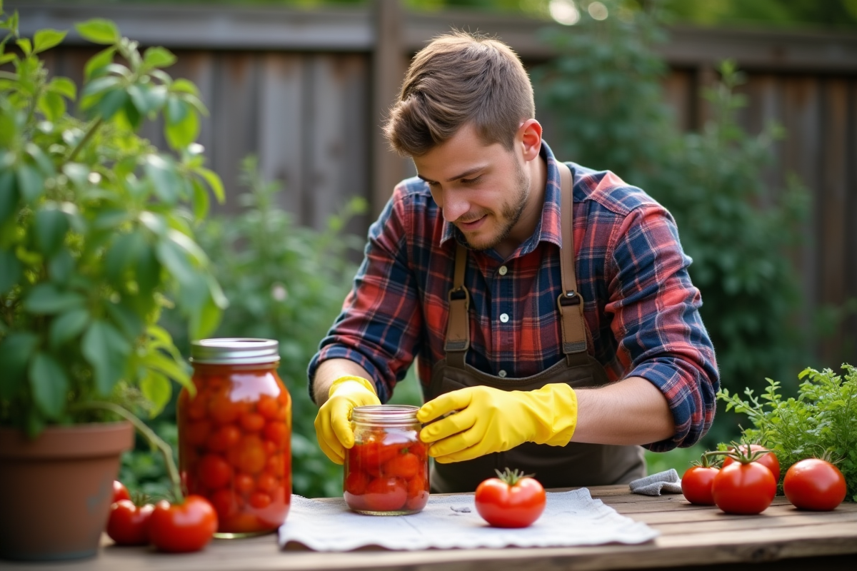 Jeune homme nettoyant un bocal de tomates dans le jardin