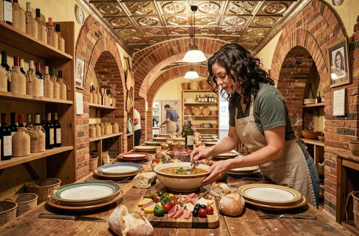 Serveuse de La Cantinetta à Marseille posant une soupe ribollita sur une table communale sous des arches en brique dans le quartier du Panier