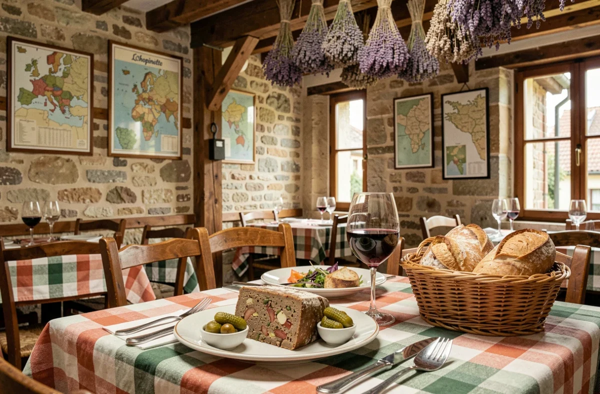 Terrine maison et verre de vin rouge dans le décor rustique et chaleureux de La Chopinette aux portes de Lyon