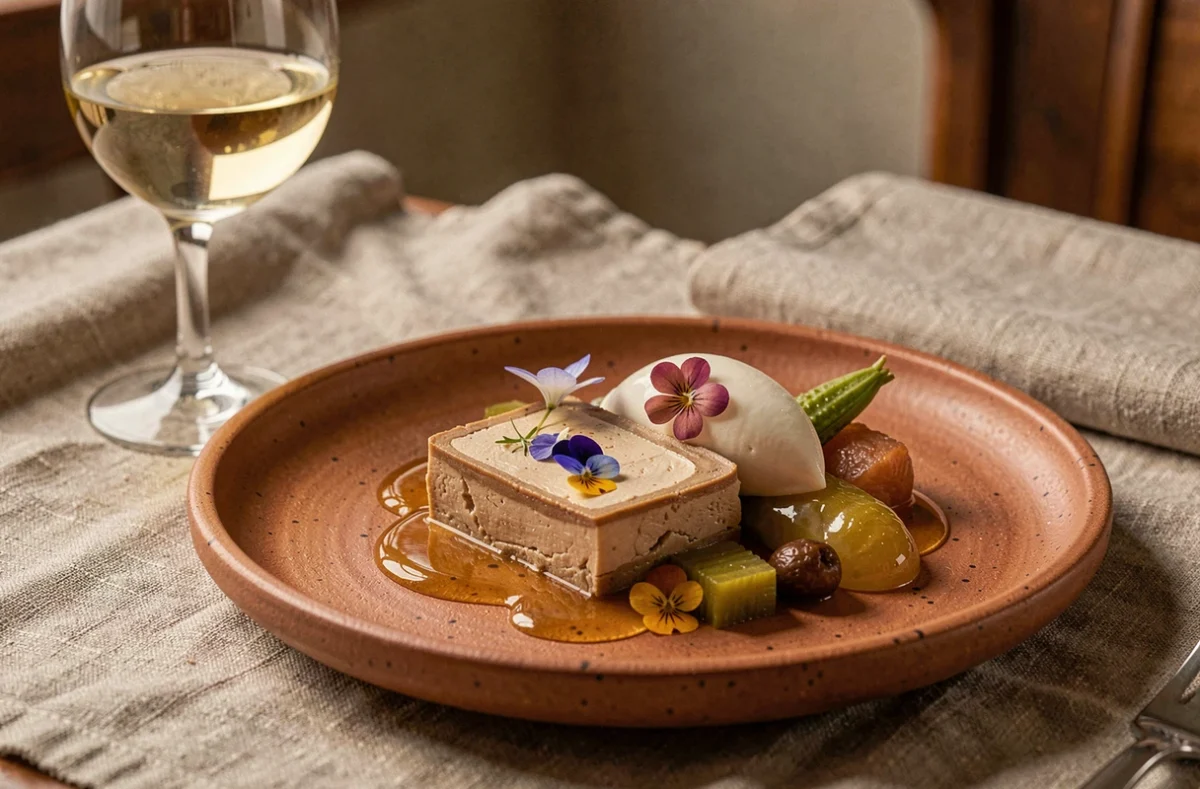 Plat gastronomique alsacien de foie gras en terrine et gelée de Riesling sur assiette en grès artisanal à La Table d'Olivier Nasti à Kaysersberg