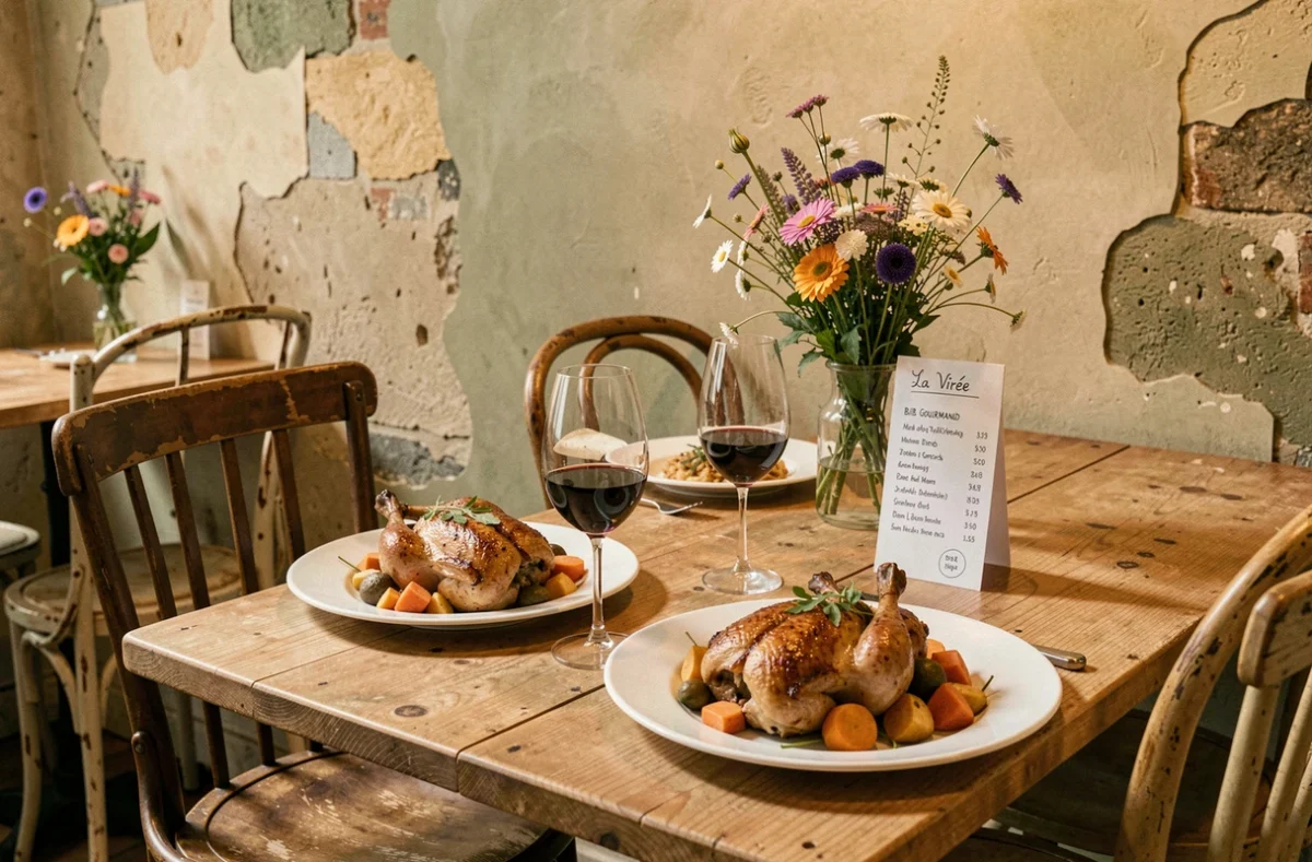 Repas bistronomique Bib Gourmand avec volaille rôtie et légumes de saison dans le décor chaleureux de La Virée à Lyon