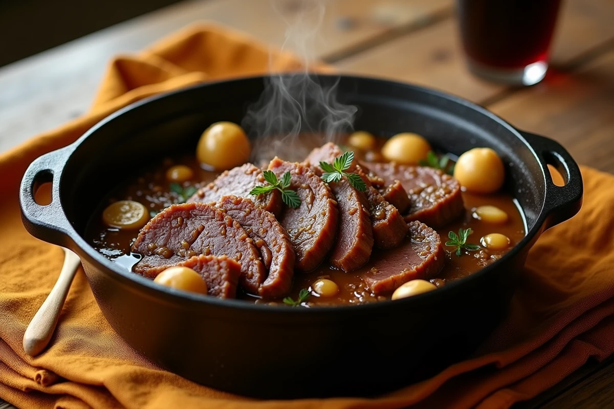 Langue de bœuf mijotée en cocotte minute servie en tranches épaisses avec sauce brune et légumes, présentée sur une table en bois rustique