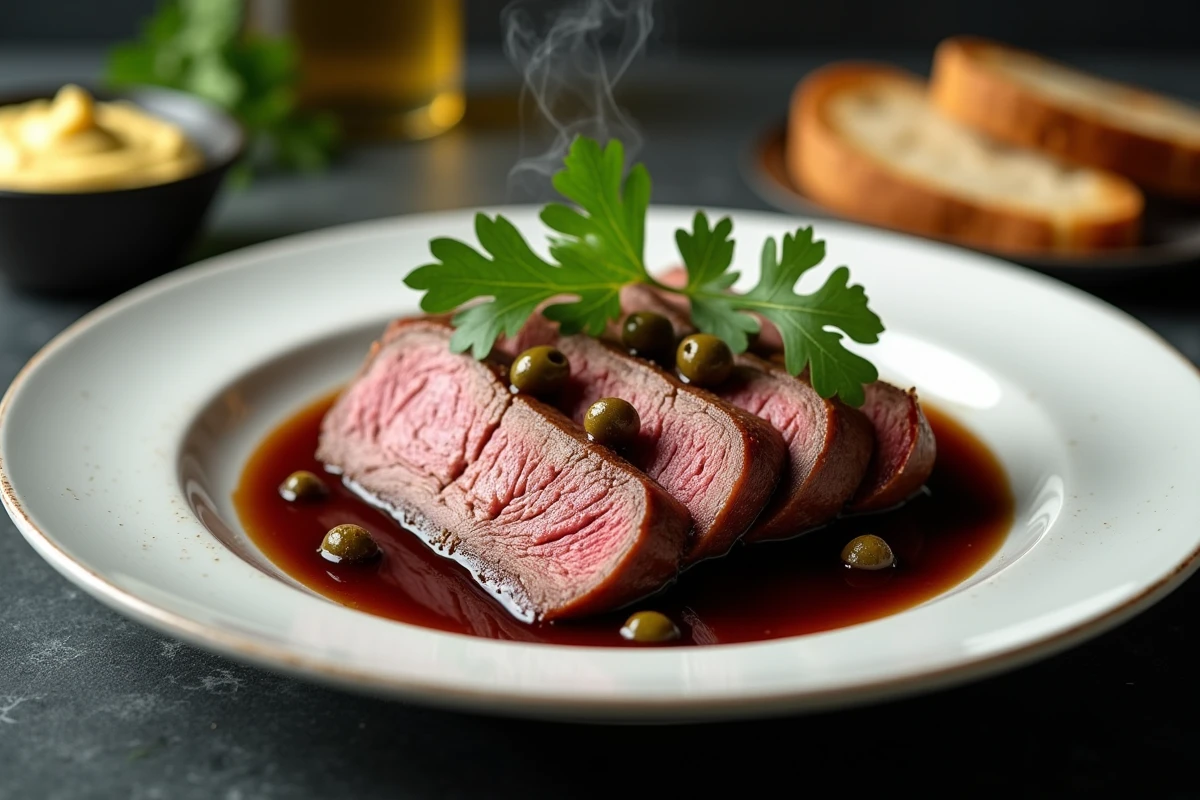 Gros plan sur des tranches de langue de bœuf braisée nappées de sauce brune sur une assiette blanche avec persil et câpres