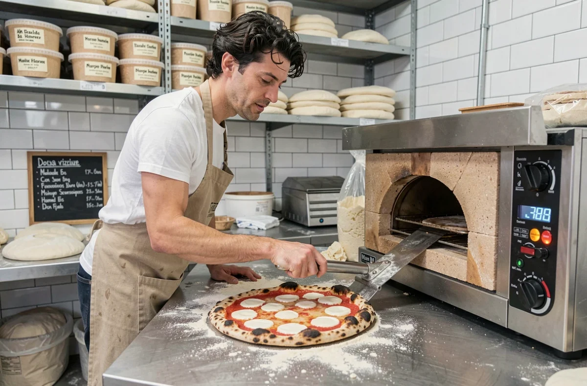 Artisan pizzaiolo de Lavorazione Artigiana della Pizza à Marseille enfournant une pizza Margherita fine dans un four à sole en pierre compact