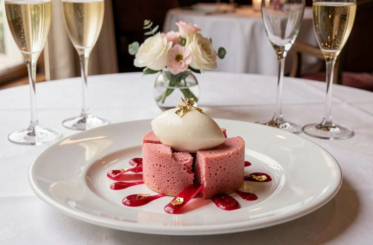 Dessert gastronomique au biscuit rose de Reims et sorbet champagne avec feuille d'or sur assiette blanche au restaurant Le Millénaire