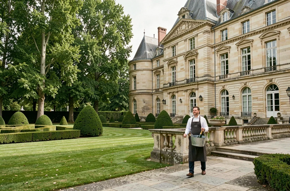 Façade Belle Époque du château Le Parc Les Crayères à Reims entourée de jardins soignés avec un sommelier traversant la terrasse