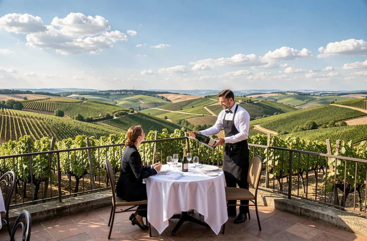 Terrasse panoramique du Royal à Champillon avec vue sur la vallée de la Marne et service de champagne pour un couple attablé