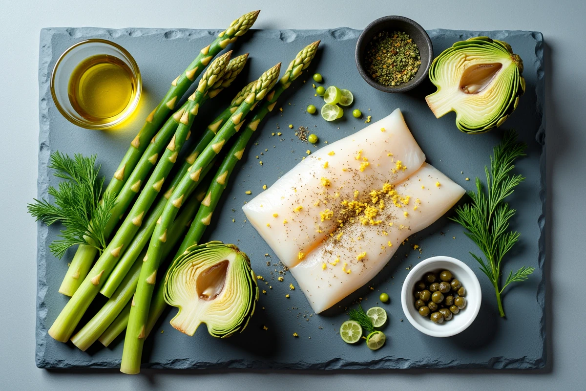 Plateau de légumes frais et filet de bar cru pour un repas de poisson blanc équilibré – artichauts, asperges et poireaux