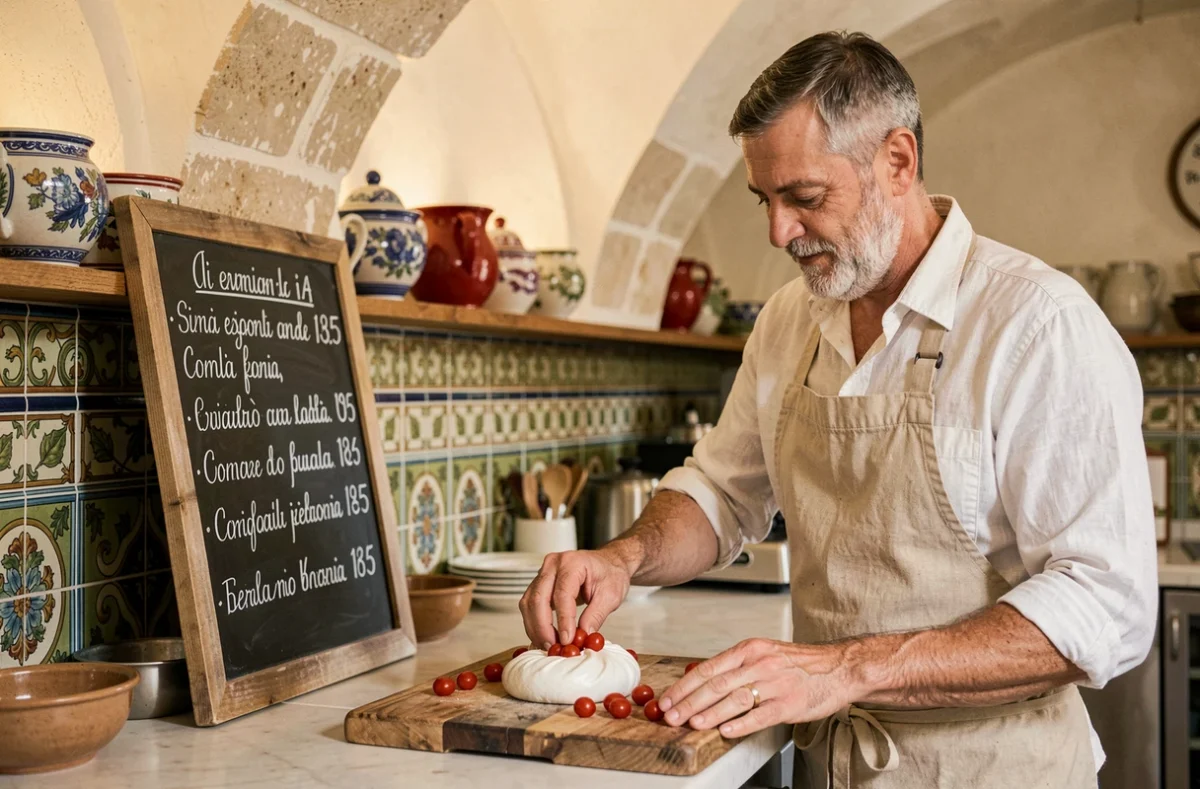 Chef du restaurant Mammò à Aix-en-Provence dressant un plateau de burrata et tomates cerises sous des voûtes en pierre calcaire