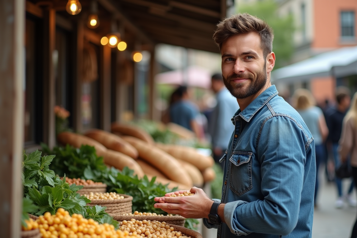 Jeune homme choisissant des pois chiches dans un marché en plein air