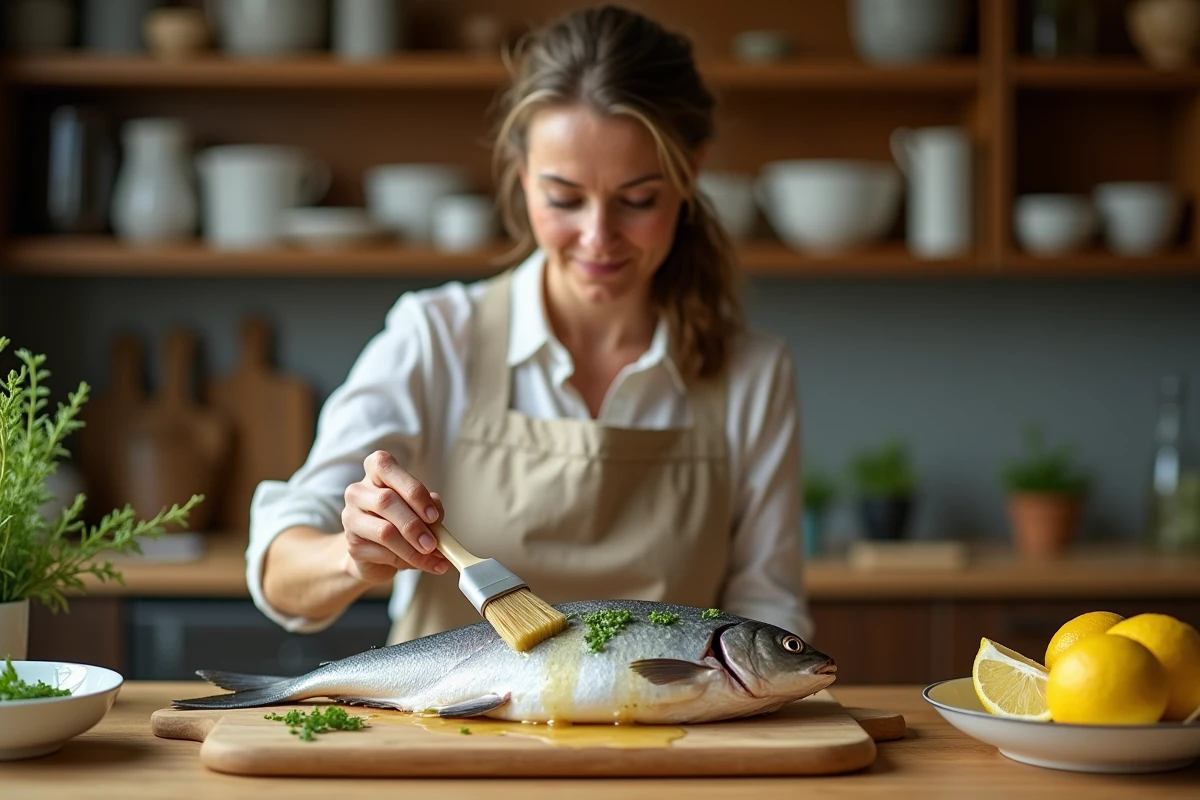 Femme badigeonnant une marinade au citron sur un poisson entier dans une cuisine familiale