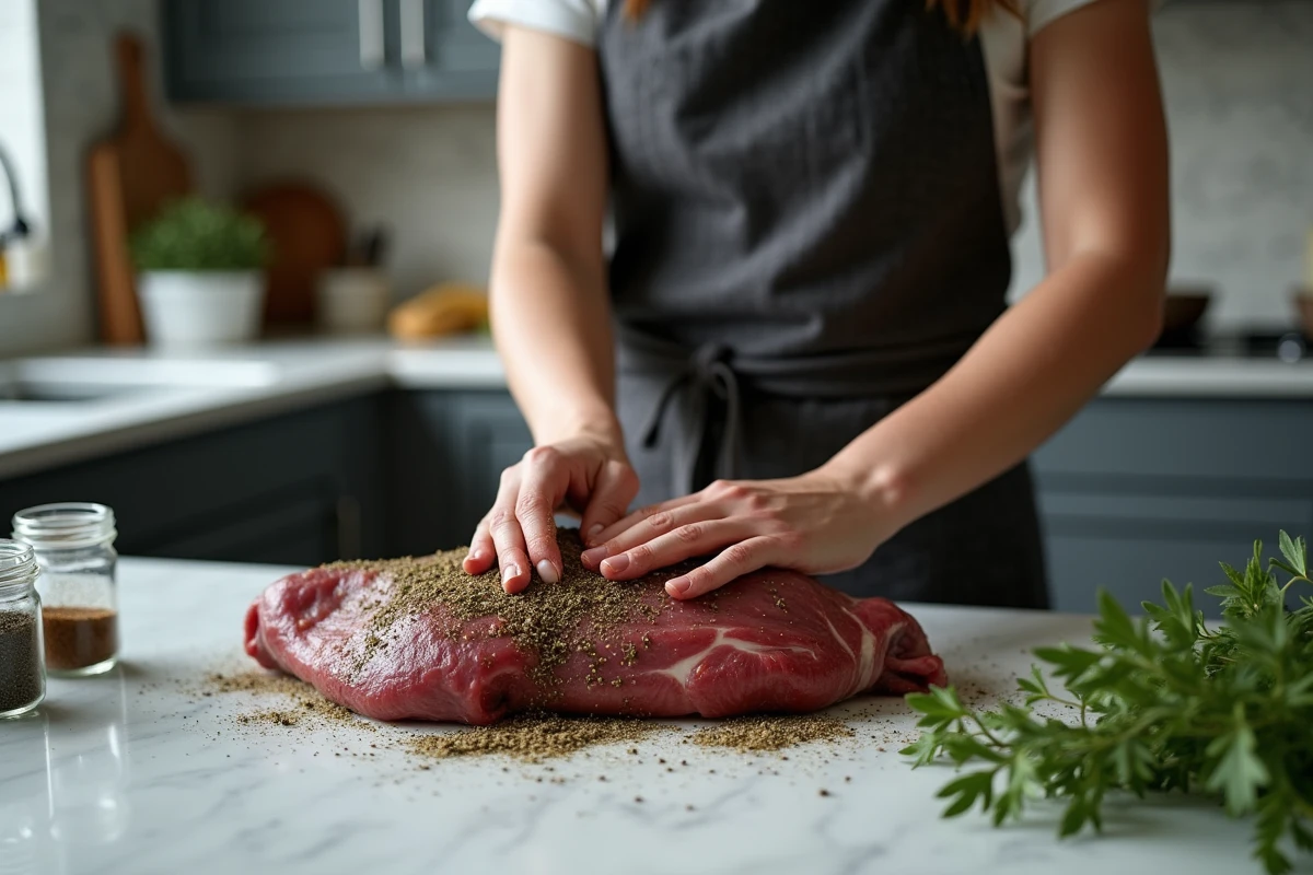 Femme massant une épaule de chevreuil avec des herbes sèches et des épices sur un plan de travail en marbre dans une cuisine moderne