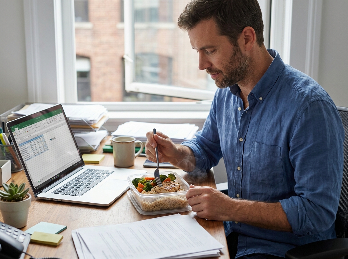 Homme mangeant un repas équilibré préparé à l'avance devant son ordinateur dans un bureau encombré