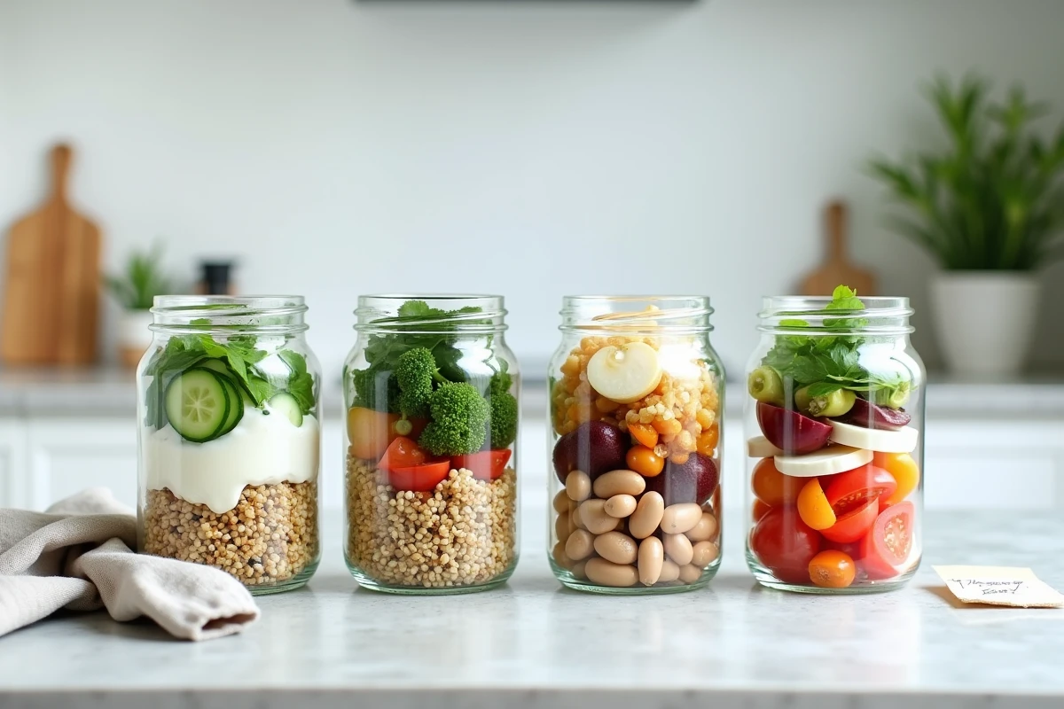 Préparation de repas midi sans cuisson dans des bocaux en verre avec taboulé, tzatziki et salade de légumineuses