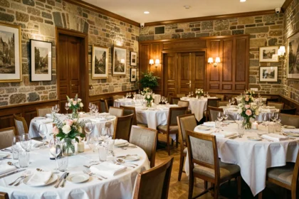Salle de restaurant gastronomique élégante dans le Grand Est avec tables dressées en lin blanc, verrerie en cristal et décor raffiné