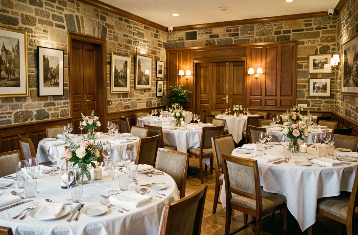 Salle de restaurant gastronomique élégante dans le Grand Est avec tables dressées en lin blanc, verrerie en cristal et décor raffiné