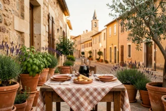 Terrasse d'une trattoria italienne provençale avec nappe à carreaux, carafe de vin rouge et façade en pierre ocre en Provence-Alpes-Côte d'Azur