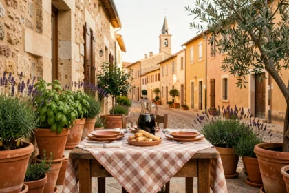Terrasse d'une trattoria italienne provençale avec nappe à carreaux, carafe de vin rouge et façade en pierre ocre en Provence-Alpes-Côte d'Azur