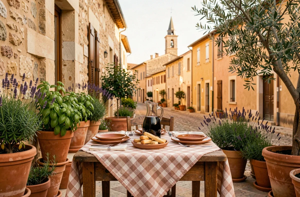 Terrasse d'une trattoria italienne provençale avec nappe à carreaux, carafe de vin rouge et façade en pierre ocre en Provence-Alpes-Côte d'Azur