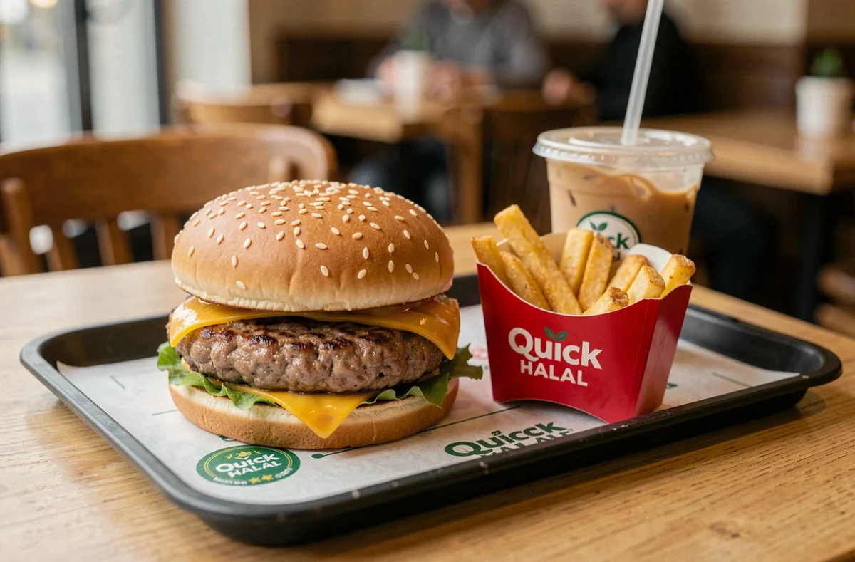 Plateau repas Quick halal avec burger bœuf certifié halal, frites et boisson dans un restaurant en France