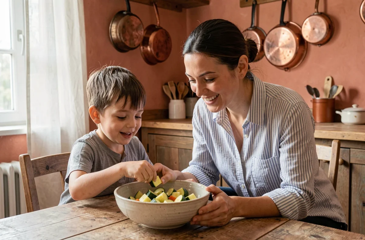 Mère et enfant préparant ensemble des courgettes dans une cuisine rustique en terracotta
