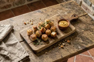 Plateau rustique de mini caillettes dorées revisitées pour l'apéritif, garnies de thym frais et servies avec une ramekin de moutarde de Dijon sur une table en chêne dans une cuisine provençale