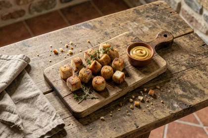 Plateau rustique de mini caillettes dorées revisitées pour l'apéritif, garnies de thym frais et servies avec une ramekin de moutarde de Dijon sur une table en chêne dans une cuisine provençale
