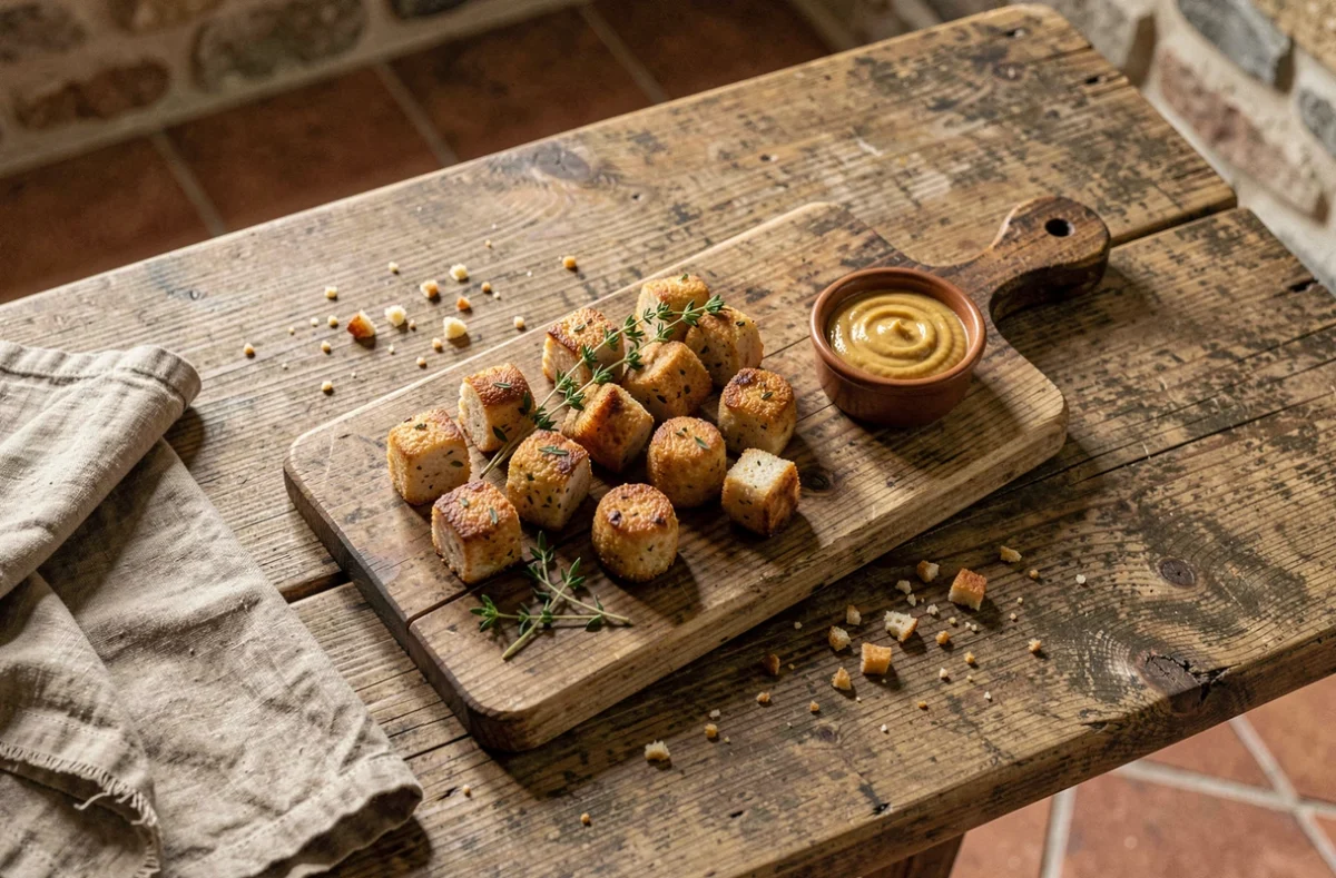 Plateau rustique de mini caillettes dorées revisitées pour l'apéritif, garnies de thym frais et servies avec une ramekin de moutarde de Dijon sur une table en chêne dans une cuisine provençale