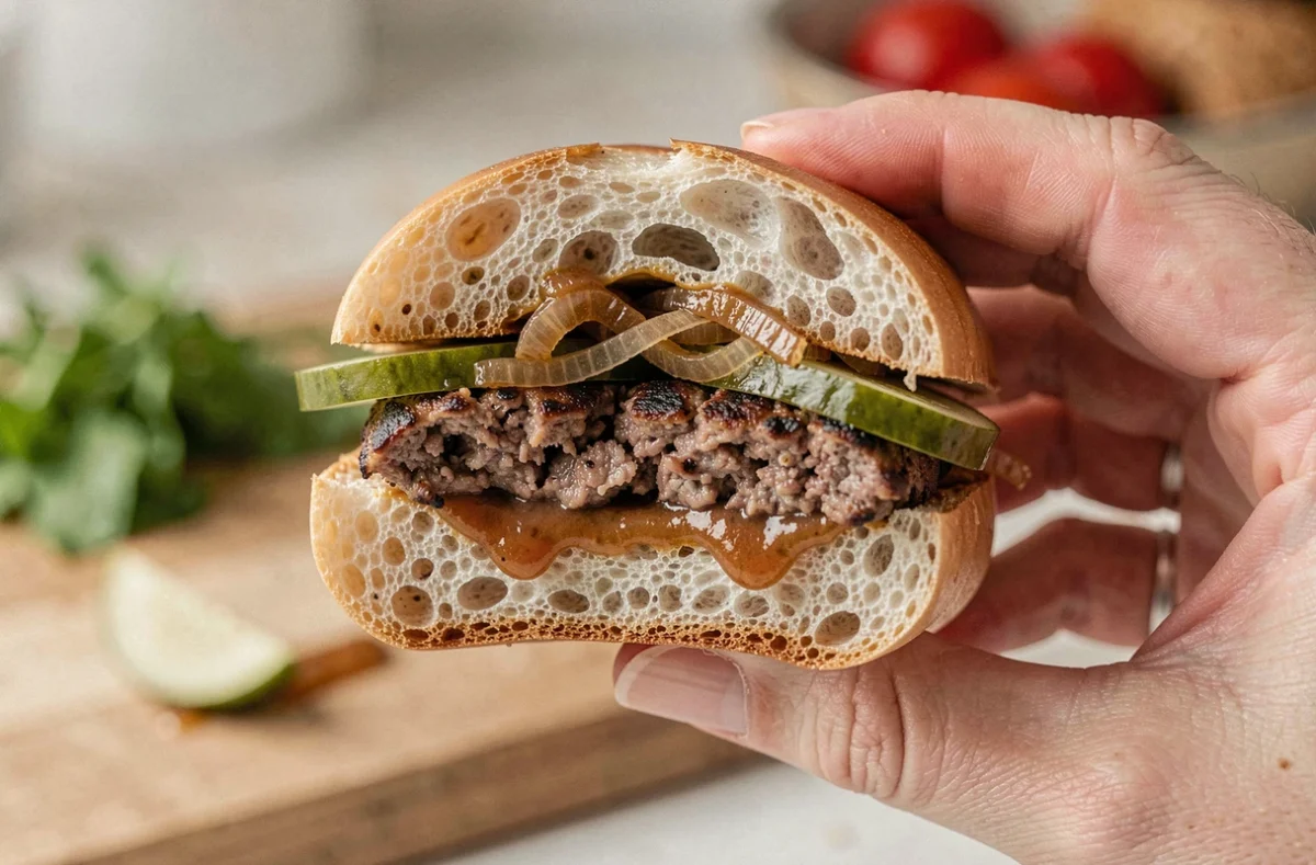 Mini hamburger coupé en deux révélant ses garnitures appétissantes tenu à la main lors d'un apéro