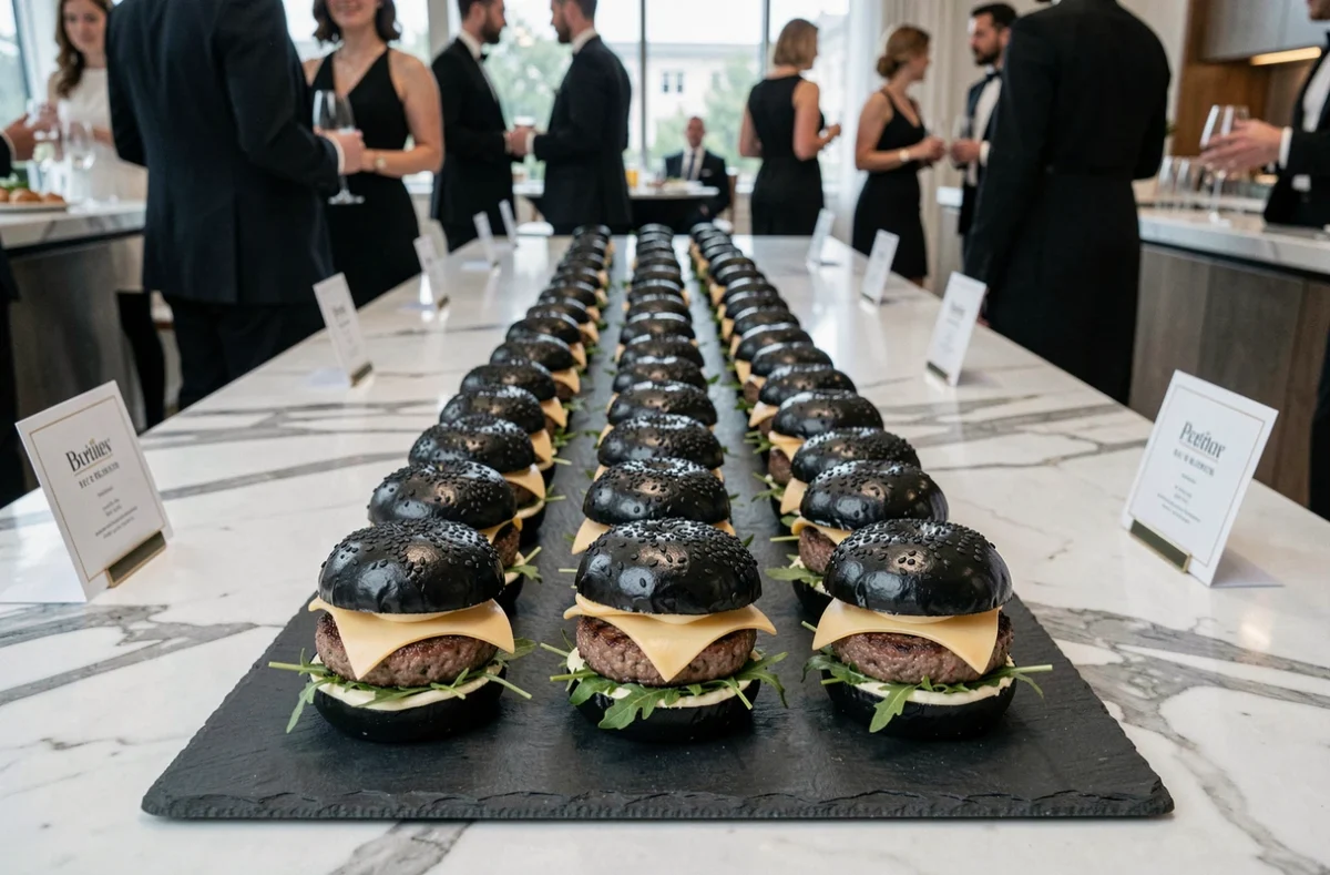 Rangée de mini hamburgers élégants sur ardoise pour un buffet dinatoire cocktail haut de gamme