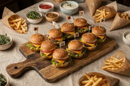 Plateau rustique de mini hamburgers apéro avec garnitures variées pour un buffet dinatoire convivial