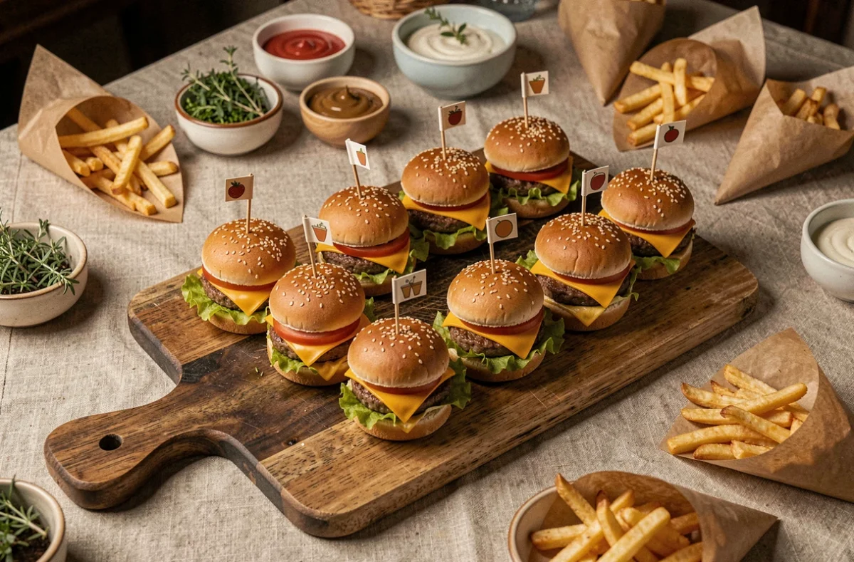 Plateau rustique de mini hamburgers apéro avec garnitures variées pour un buffet dinatoire convivial