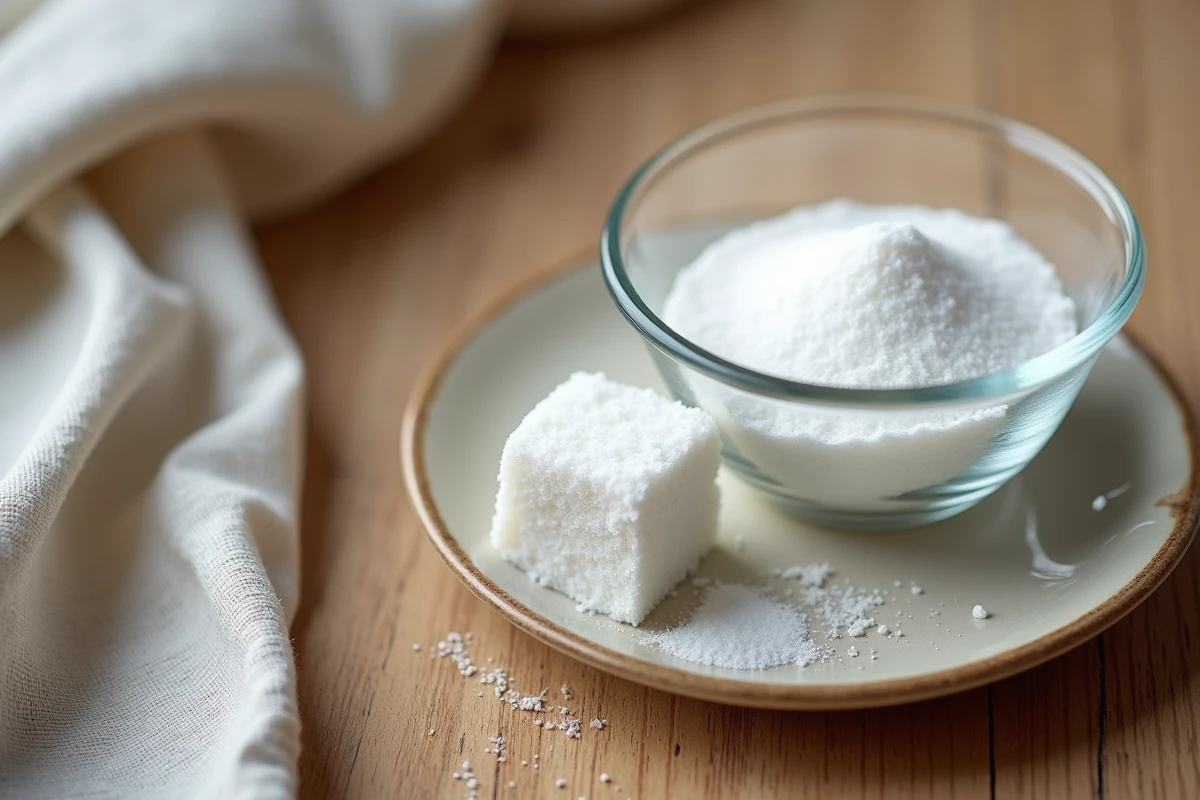 Morceau de sucre blanc sur une assiette en céramique à côté d'un bol de sucre en poudre, vue de dessus sur une table en bois