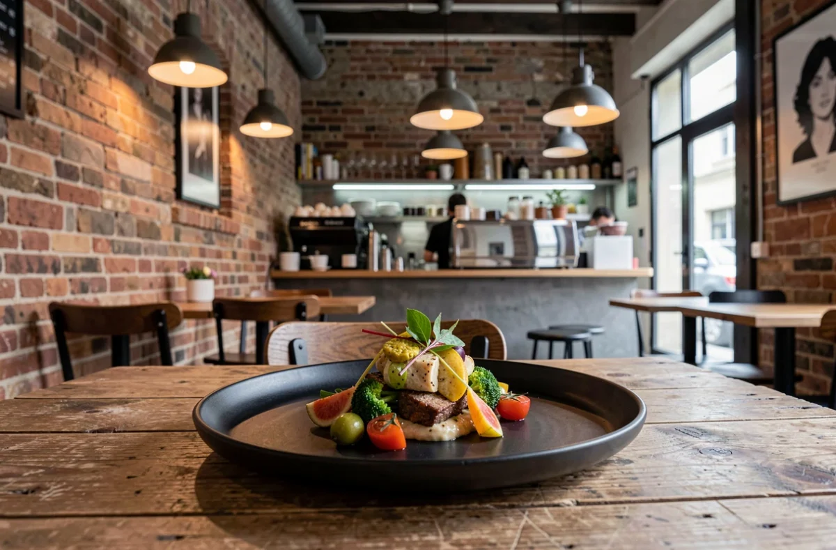Assiette de bistrot contemporain créatif sur table en bois brut dans l'atmosphère de la Croix-Rousse chez Nosch à Lyon