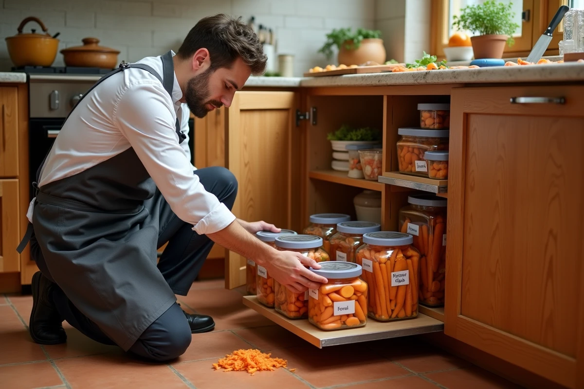 Homme organisant des bocaux en verre de carottes précuites dans un placard de cuisine pour la préparation en grande quantité