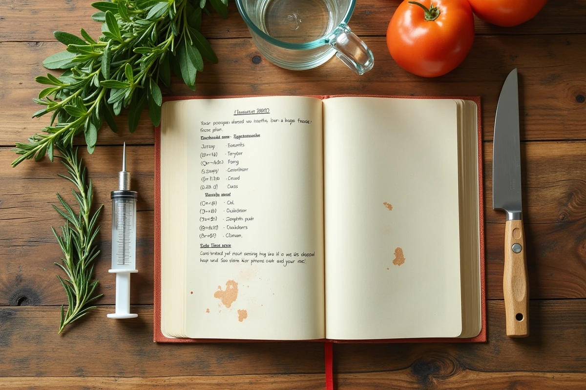 Vue de dessus d'outils de mesure culinaires incluant une seringue de 10ml et un tableau de conversion cl sur une table en chêne rustique