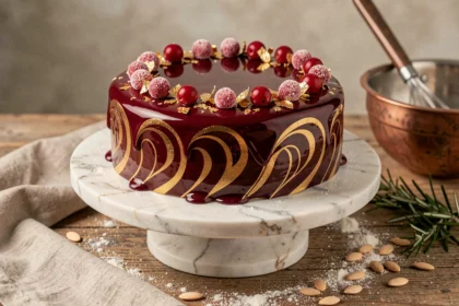 Pain de Gênes de fête avec glaçage miroir bordeaux et or, décoré de feuilles d'or comestibles et de canneberges sucrées sur un présentoir en marbre blanc