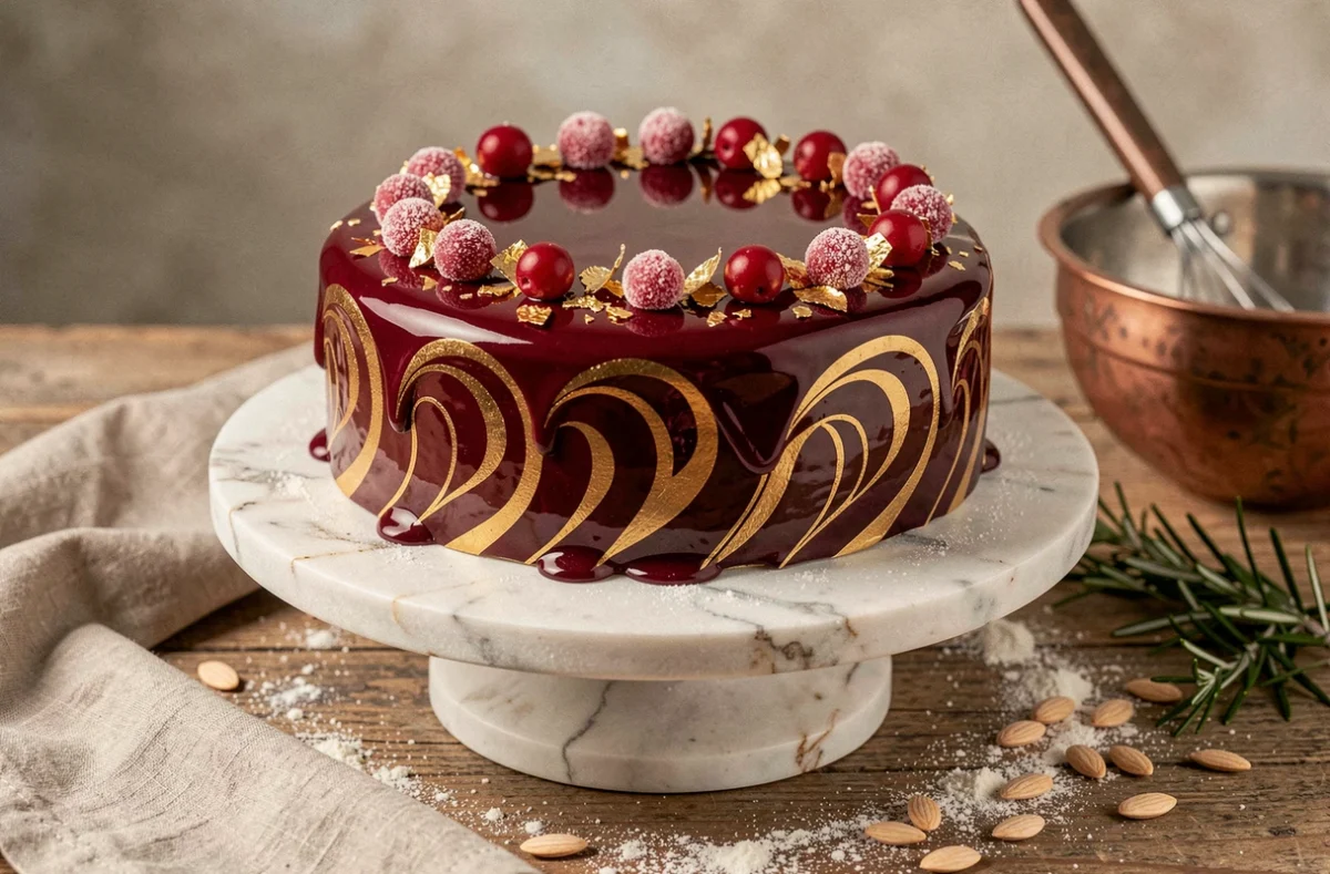 Pain de Gênes de fête avec glaçage miroir bordeaux et or, décoré de feuilles d'or comestibles et de canneberges sucrées sur un présentoir en marbre blanc