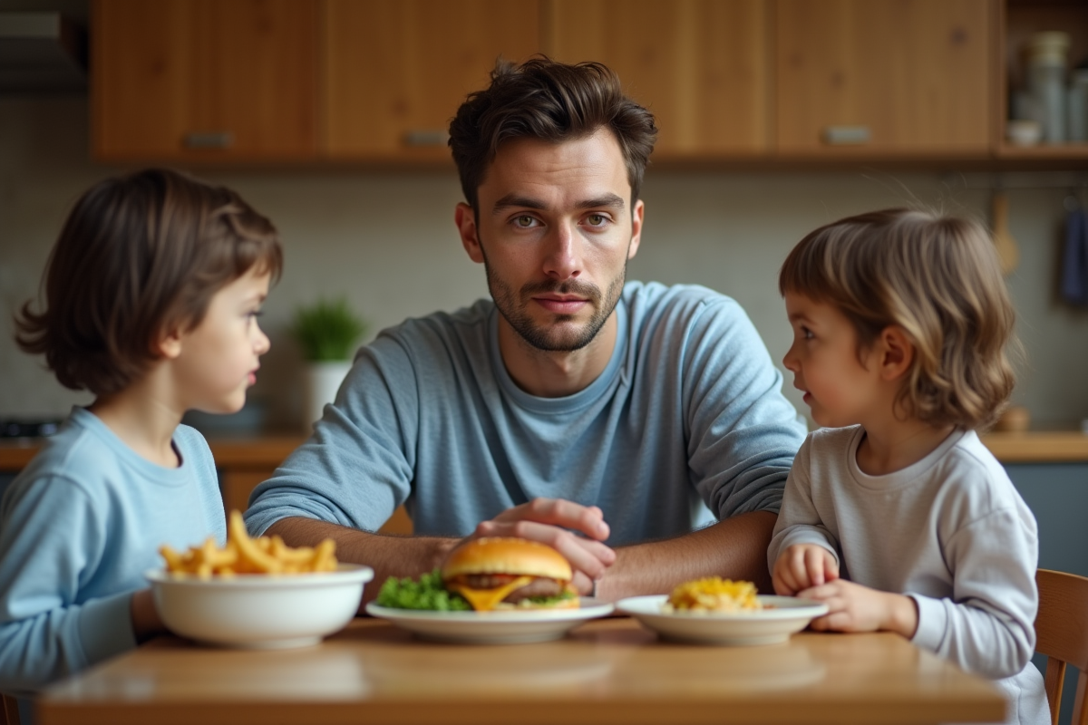 Père et enfants réfléchissant à leur repas à table