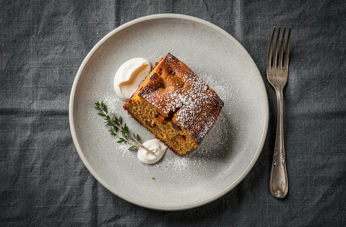 Part de gâteau fondant à la patate douce dressée sur une assiette en céramique avec crème fraîche et thym