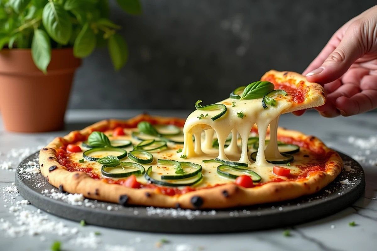 Part de pizza courgette soulevée à la main révélant le parmesan fondu et les légumes frais