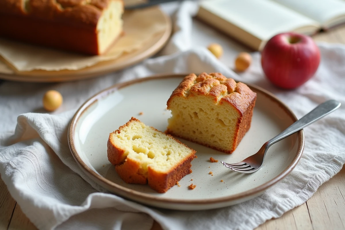 Partie d un gâteau aux pommes et yaourt sur une table en lin