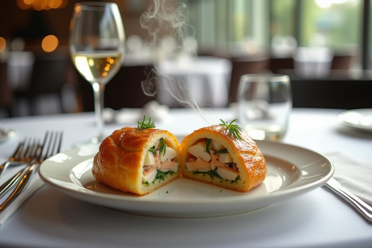 Partie de pastilla aux fruits de mer tranchée sur une table