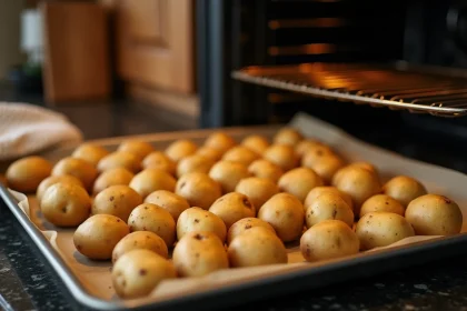 Grande plaque de four remplie de pommes de terre entières rôties, dorées et disposées en rangées régulières pour un repas de famille