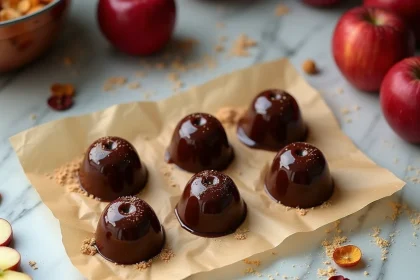 Pâtes de fruit à la pomme enrobées de chocolat noir, vue de dessus sur marbre blanc avec pommes rouges et sucre cristallisé