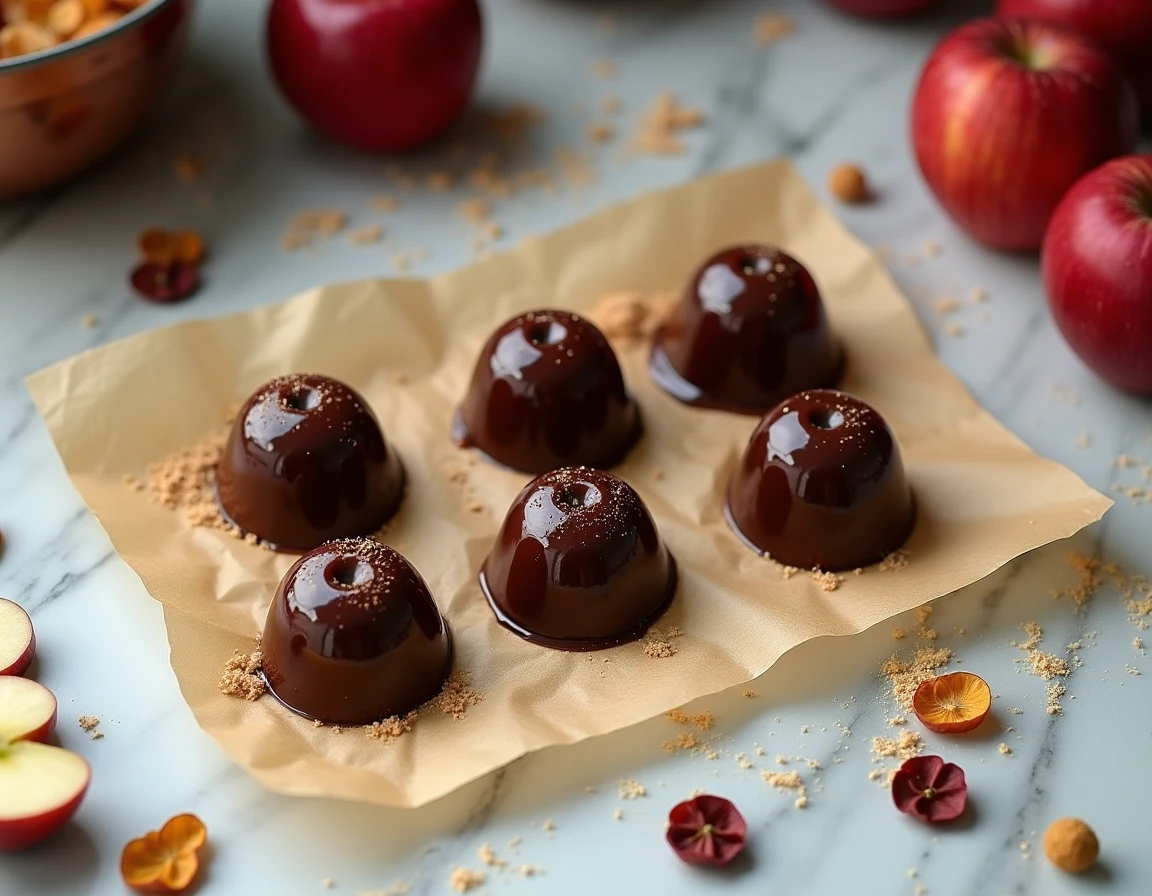 Pâtes de fruit à la pomme enrobées de chocolat noir, vue de dessus sur marbre blanc avec pommes rouges et sucre cristallisé