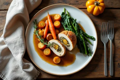 Paupiette de veau tranchée servie avec des légumes rôtis de saison sur une table en bois rustique